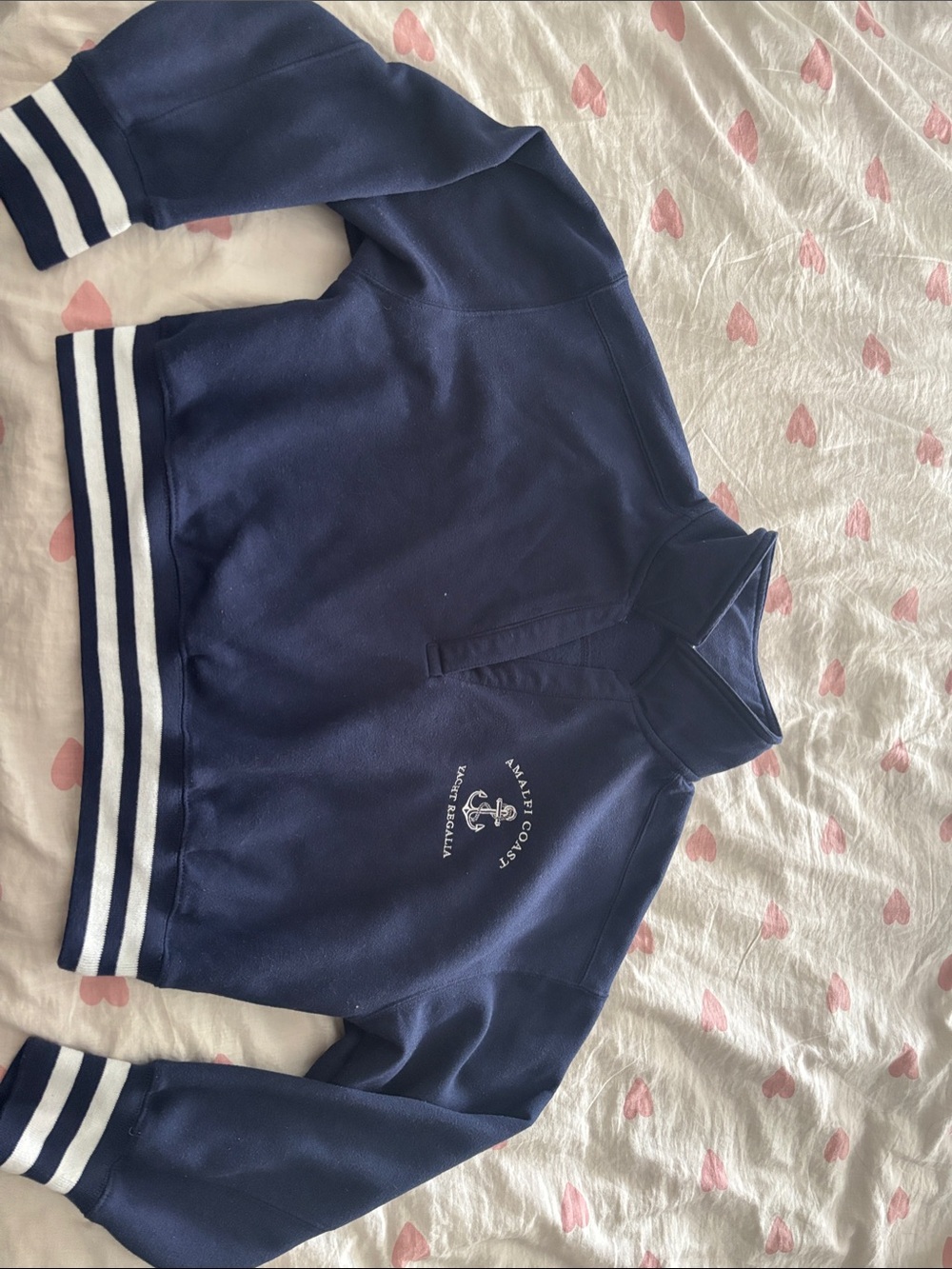Navy Half-Zip Rugby Cropped Pullover Sweatshirt with Anchor Logo